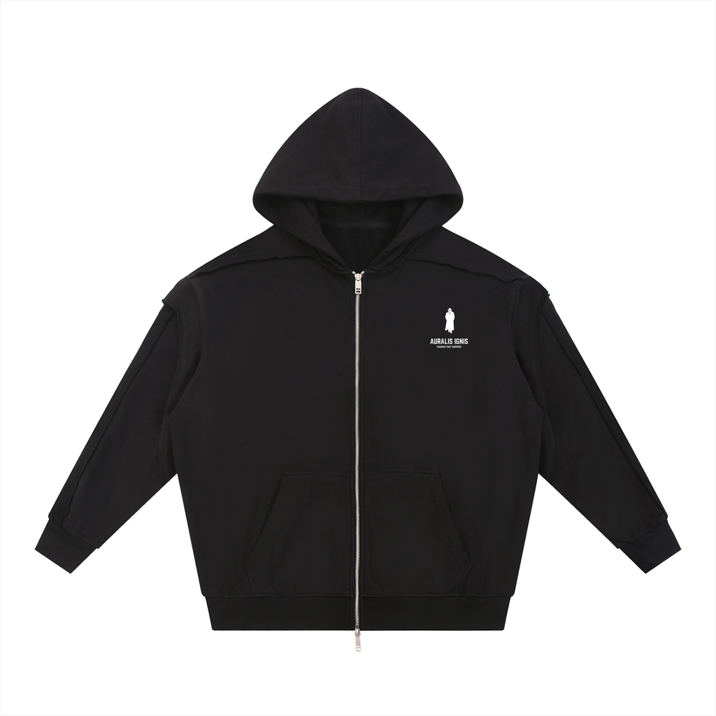 Contrast Tape Raw Edge Double Layered Zip Hoodie